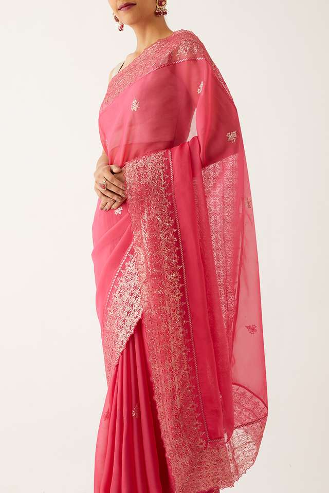 Dark Pink Viscose Organza Embroidered Saree thumbnail image number null