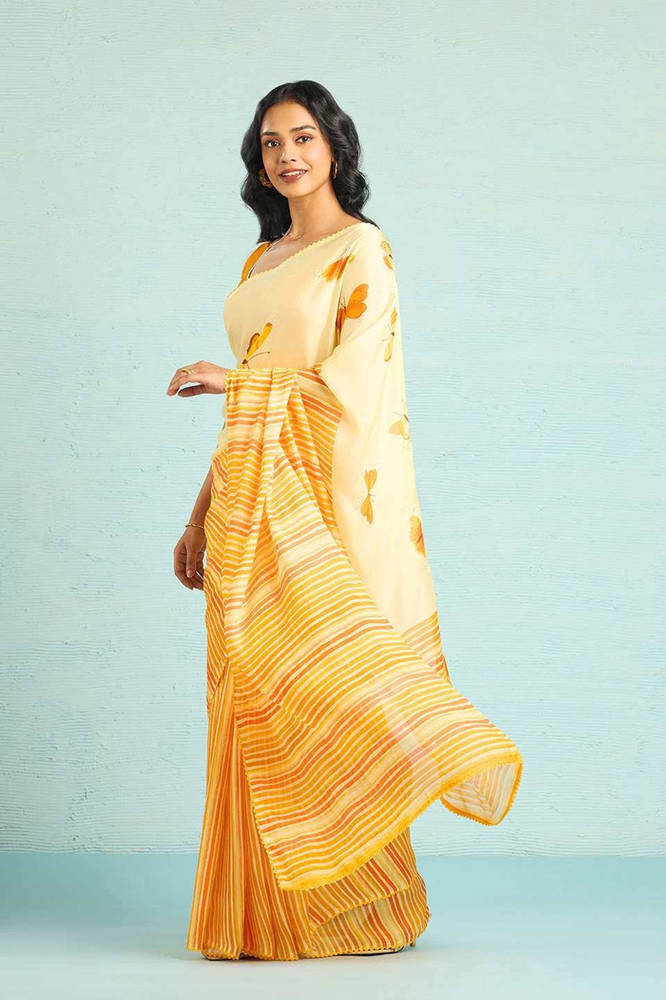 Yellow Printed Viscose Crepe Saree