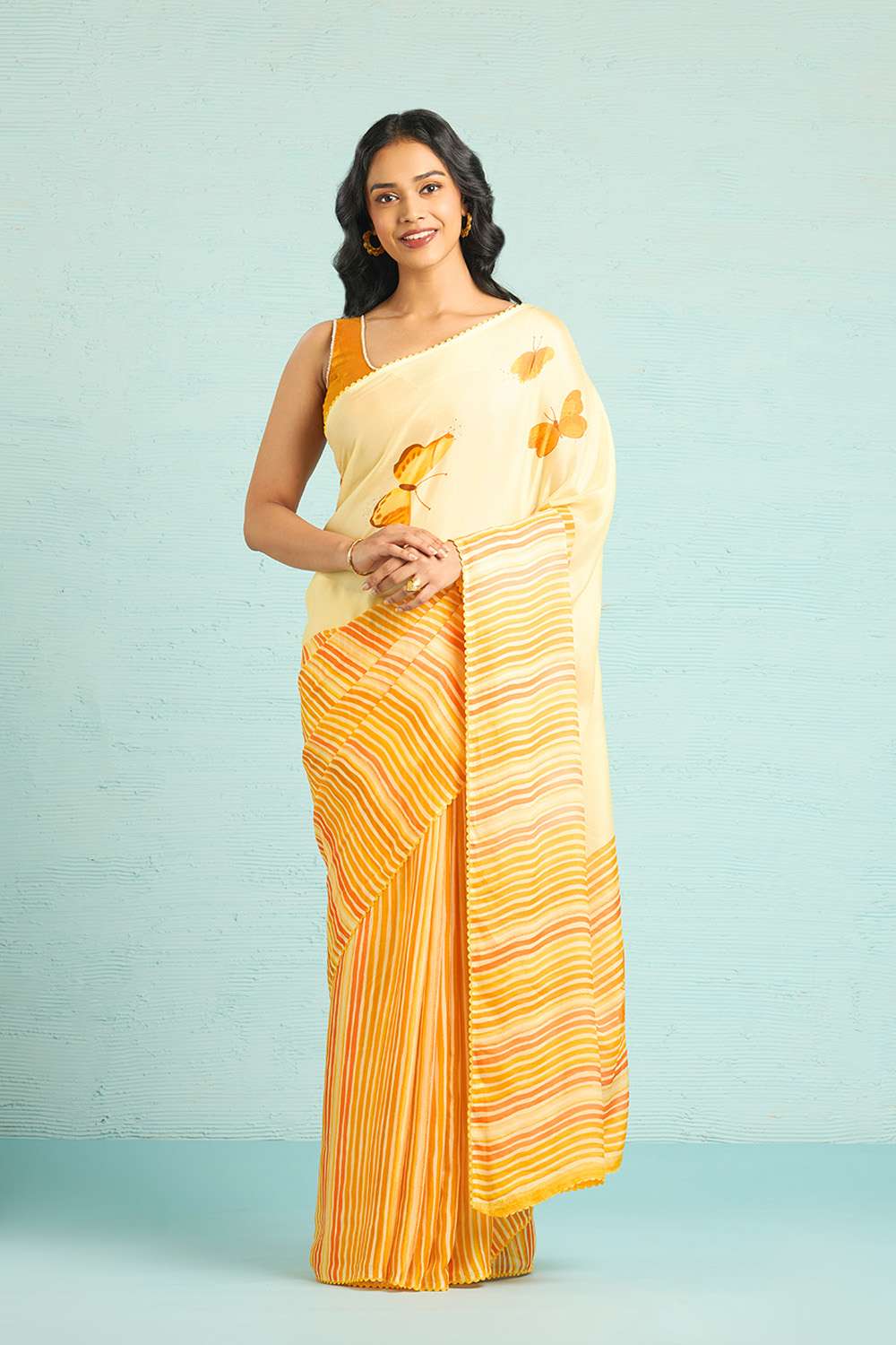 Yellow Printed Viscose Crepe Saree image number null