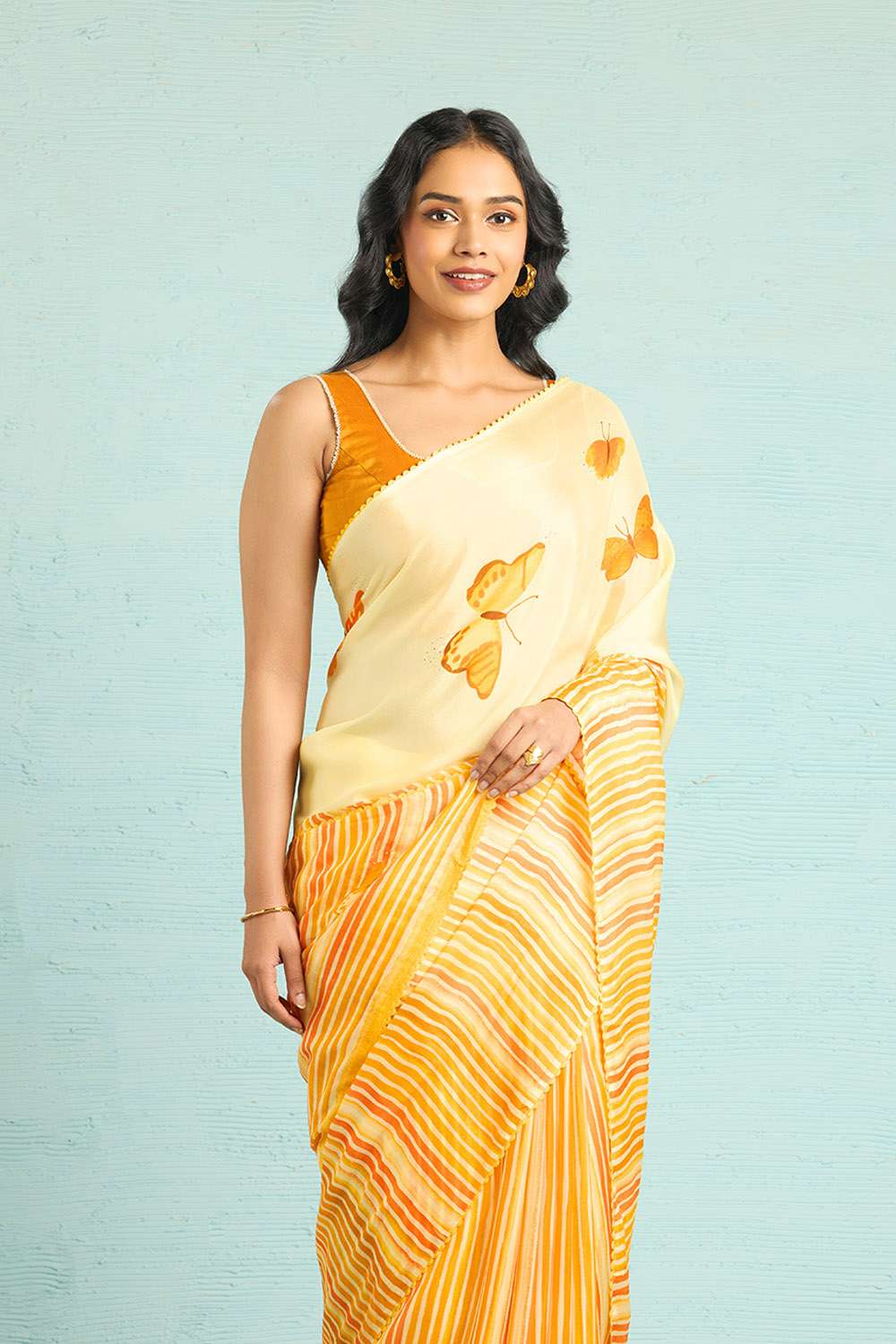 Yellow Printed Viscose Crepe Saree image number null