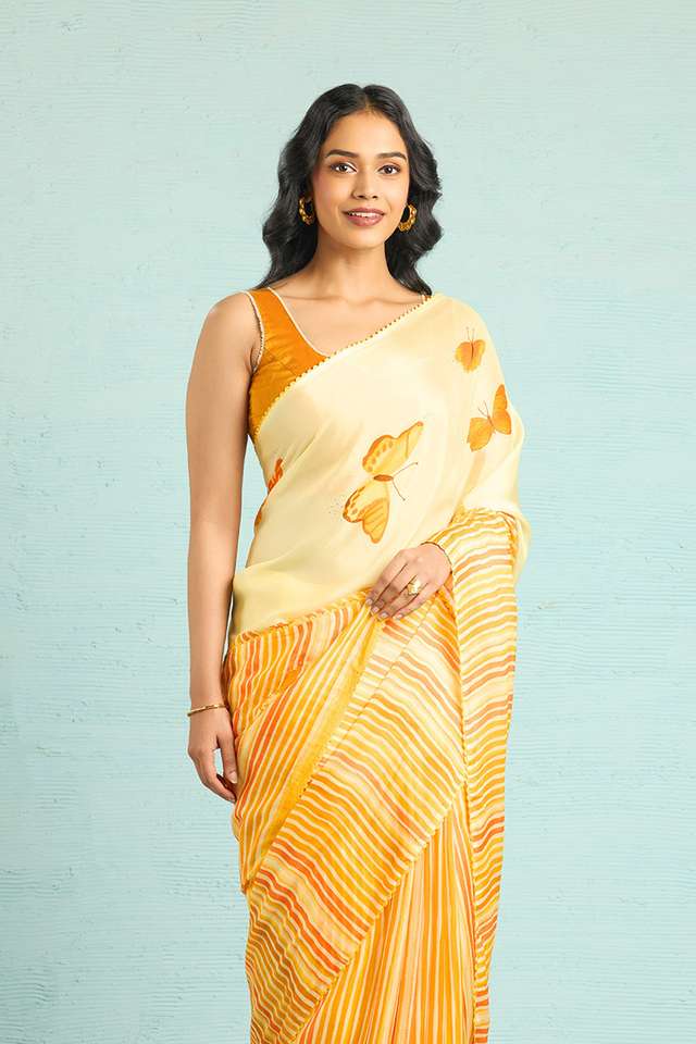 Yellow Printed Viscose Crepe Saree thumbnail image number null