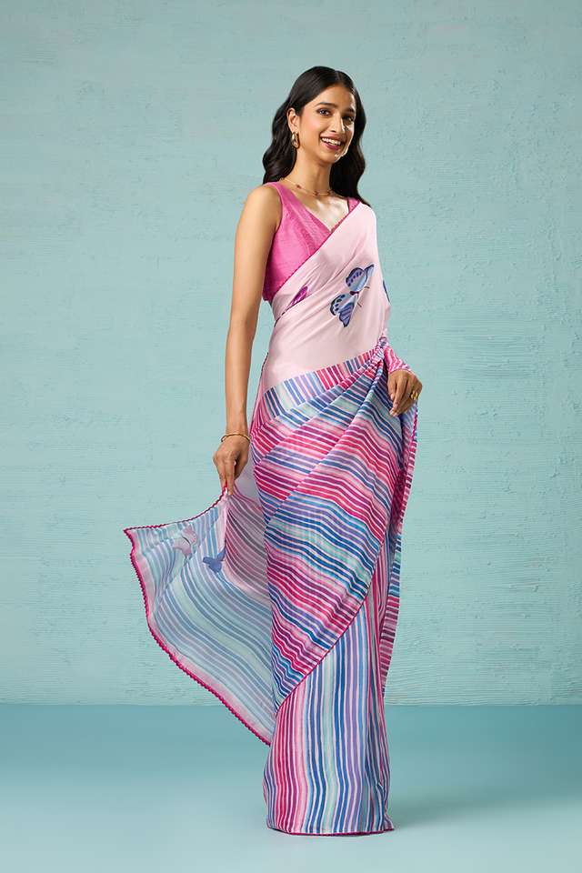 Pink Printed Viscose Crepe Saree image number