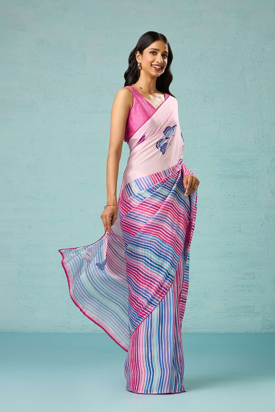 Pink Printed Viscose Crepe Saree