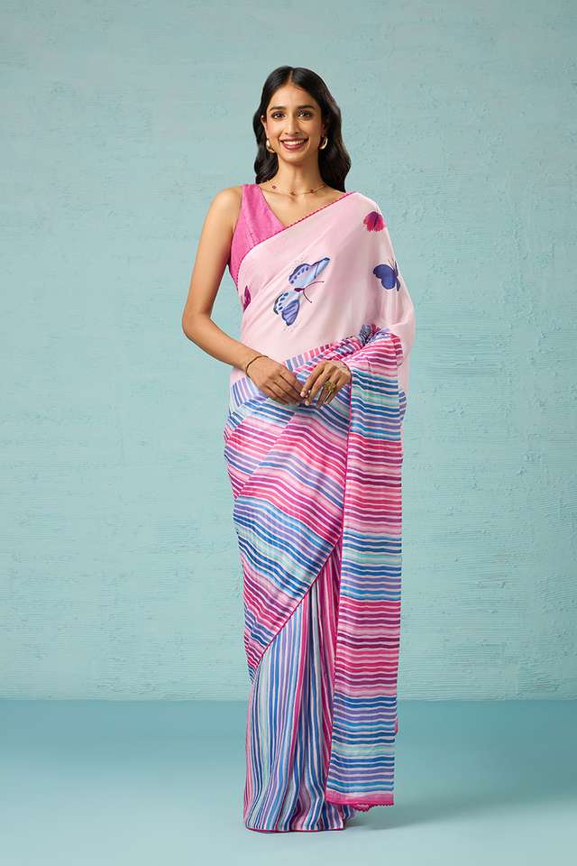 Pink Printed Viscose Crepe Saree thumbnail image number null