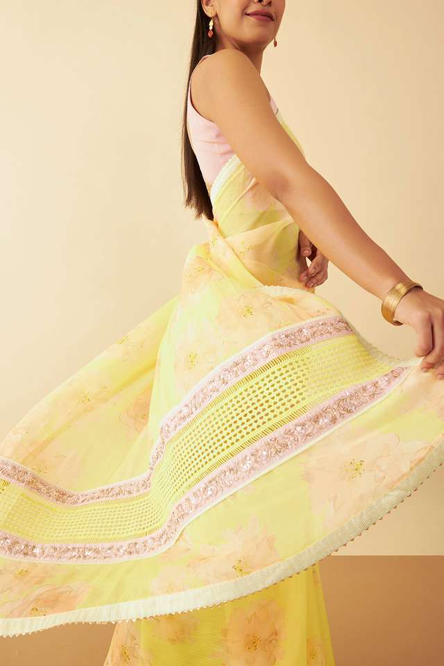 Yellow Printed Viscose Organza Saree image number