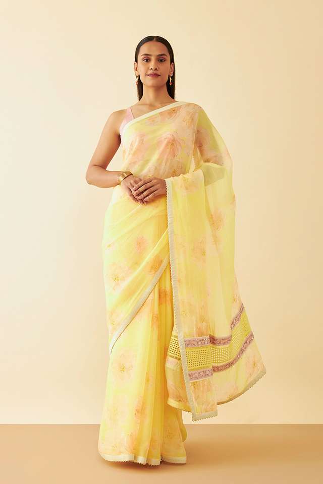 Yellow Printed Viscose Organza Saree thumbnail image number null