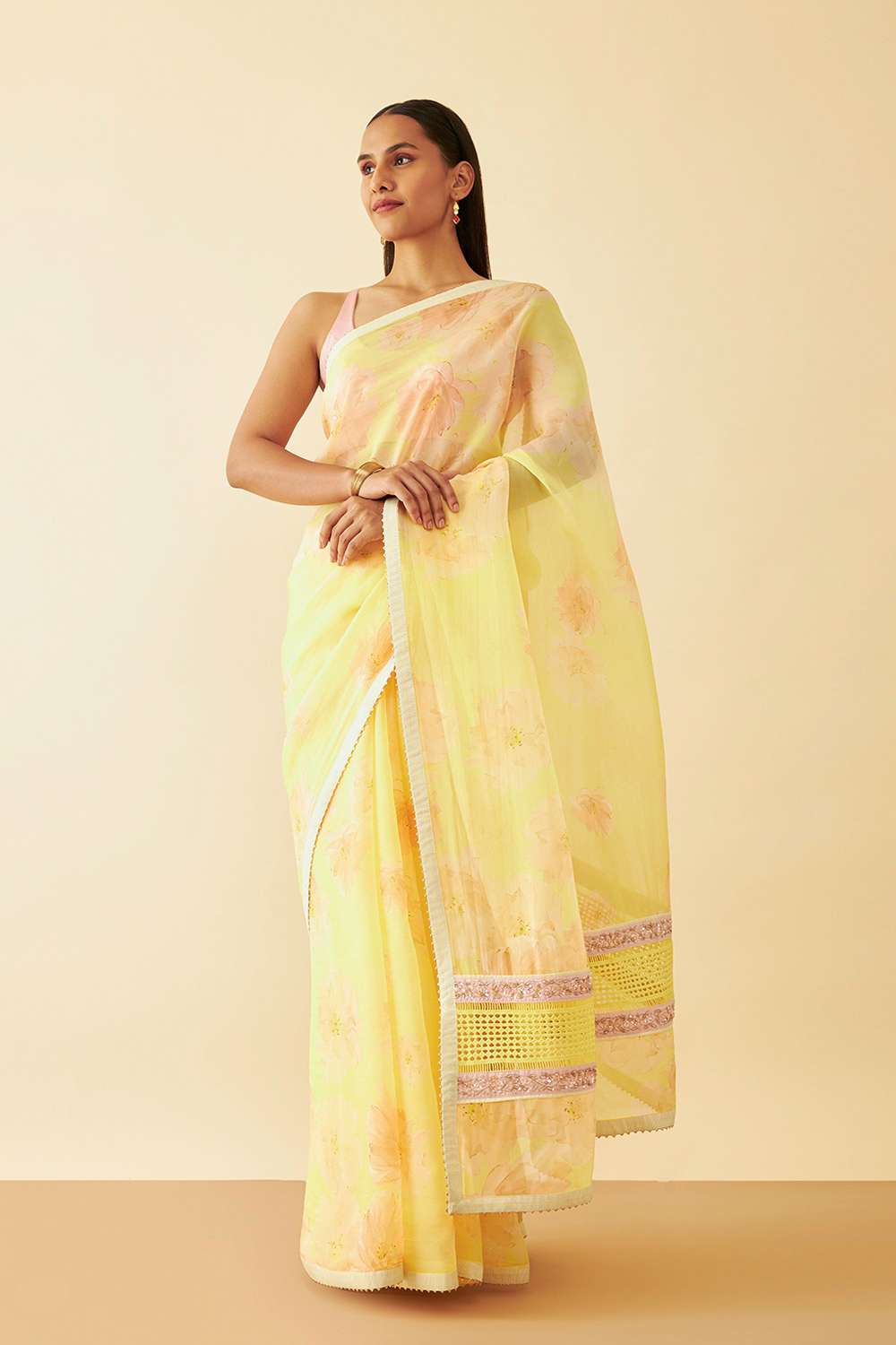 Yellow Printed Viscose Organza Saree image number null