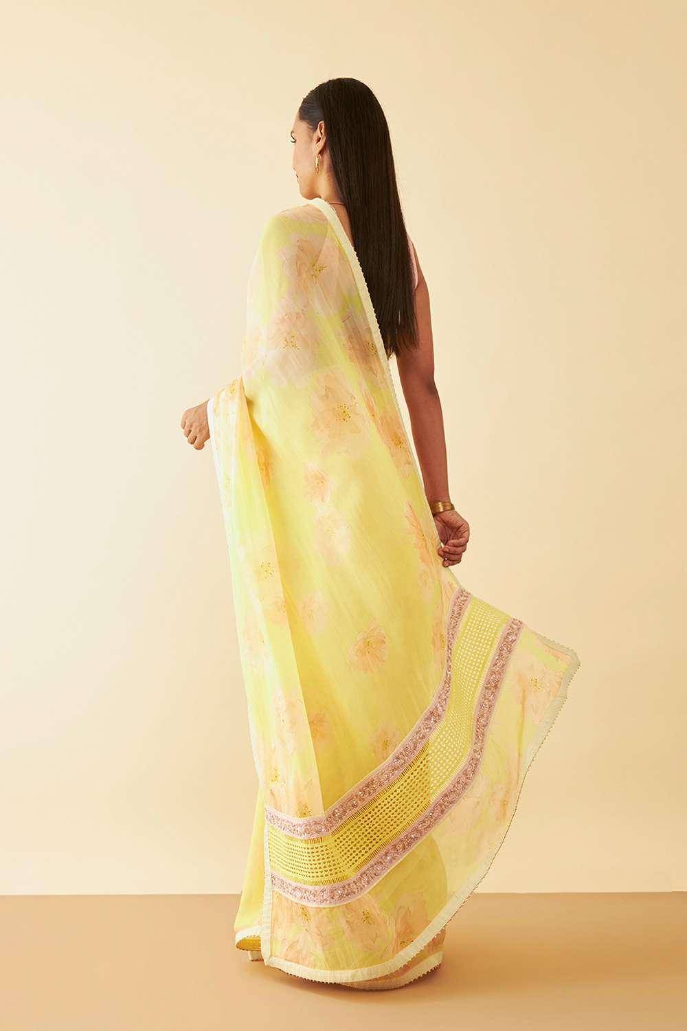 Yellow Printed Viscose Organza Saree image number null