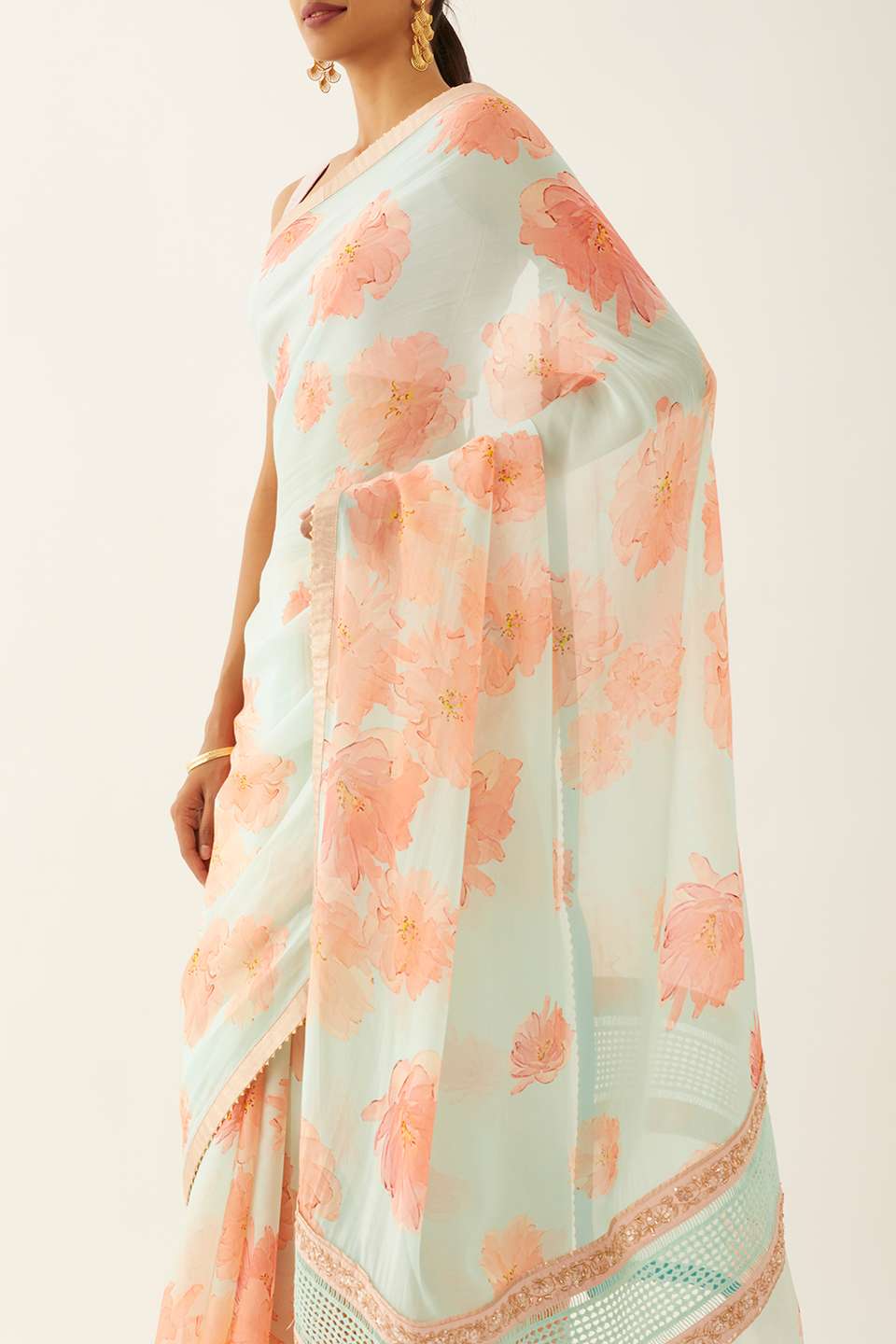 Light Blue Viscose Organza Digital Printed Saree