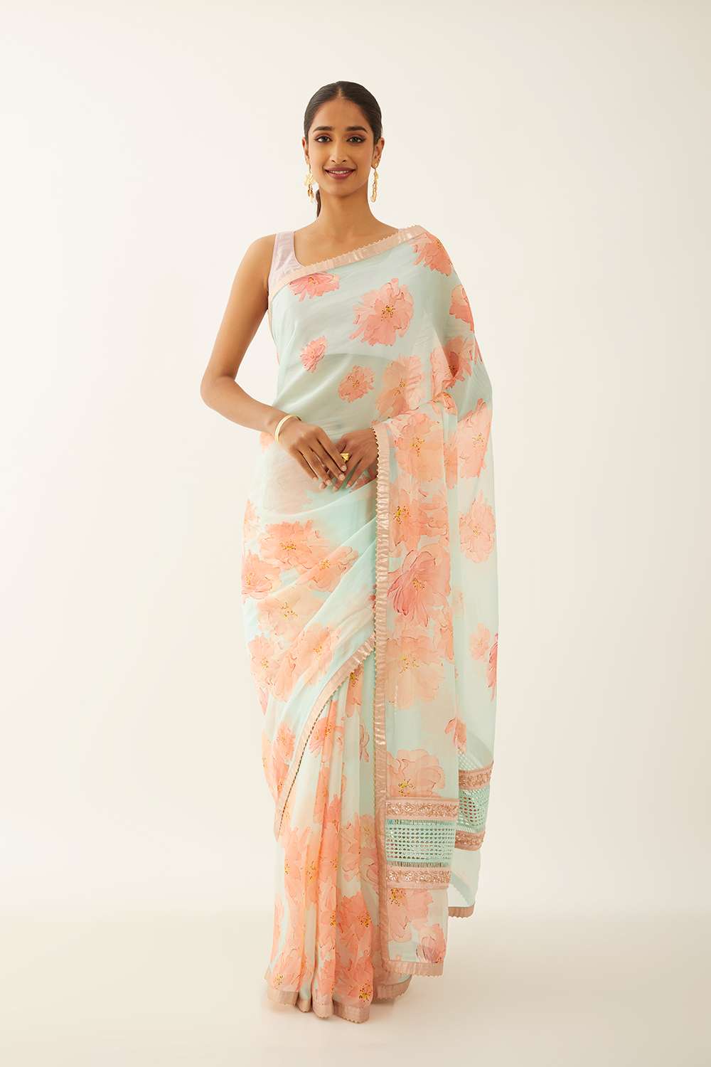 Light Blue Viscose Organza Digital Printed Saree image number null