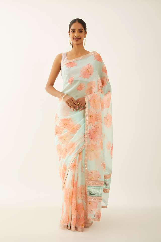 Light Blue Viscose Organza Digital Printed Saree thumbnail image number null