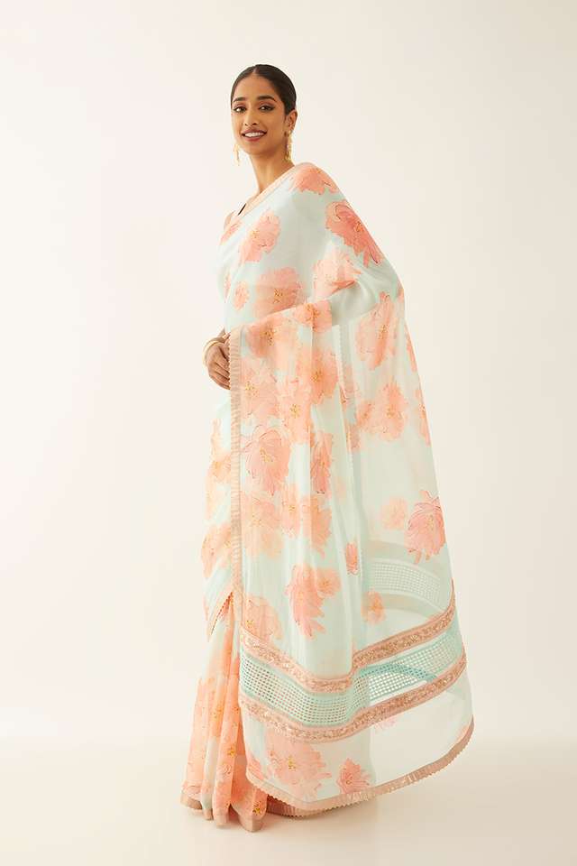 Light Blue Viscose Organza Digital Printed Saree thumbnail image number null
