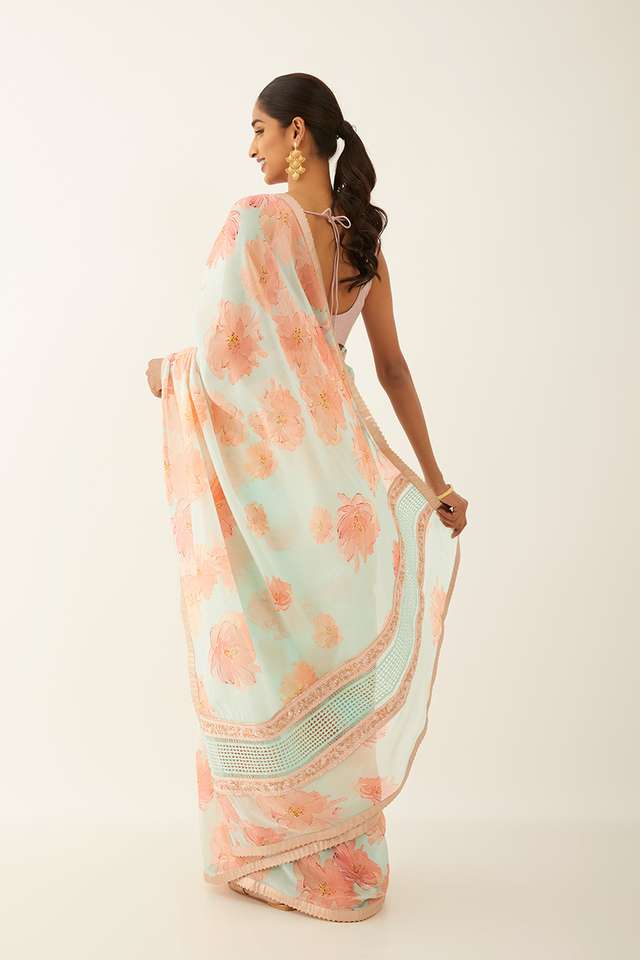 Light Blue Viscose Organza Digital Printed Saree thumbnail image number null