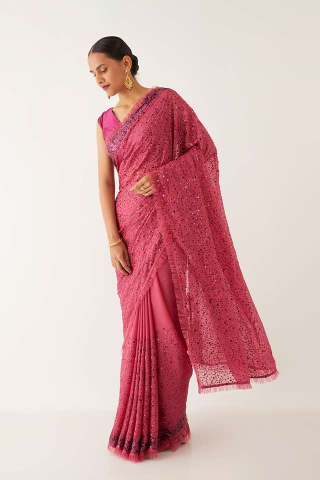Pink  Organza Viscose Embroidered Saree thumbnail image number null