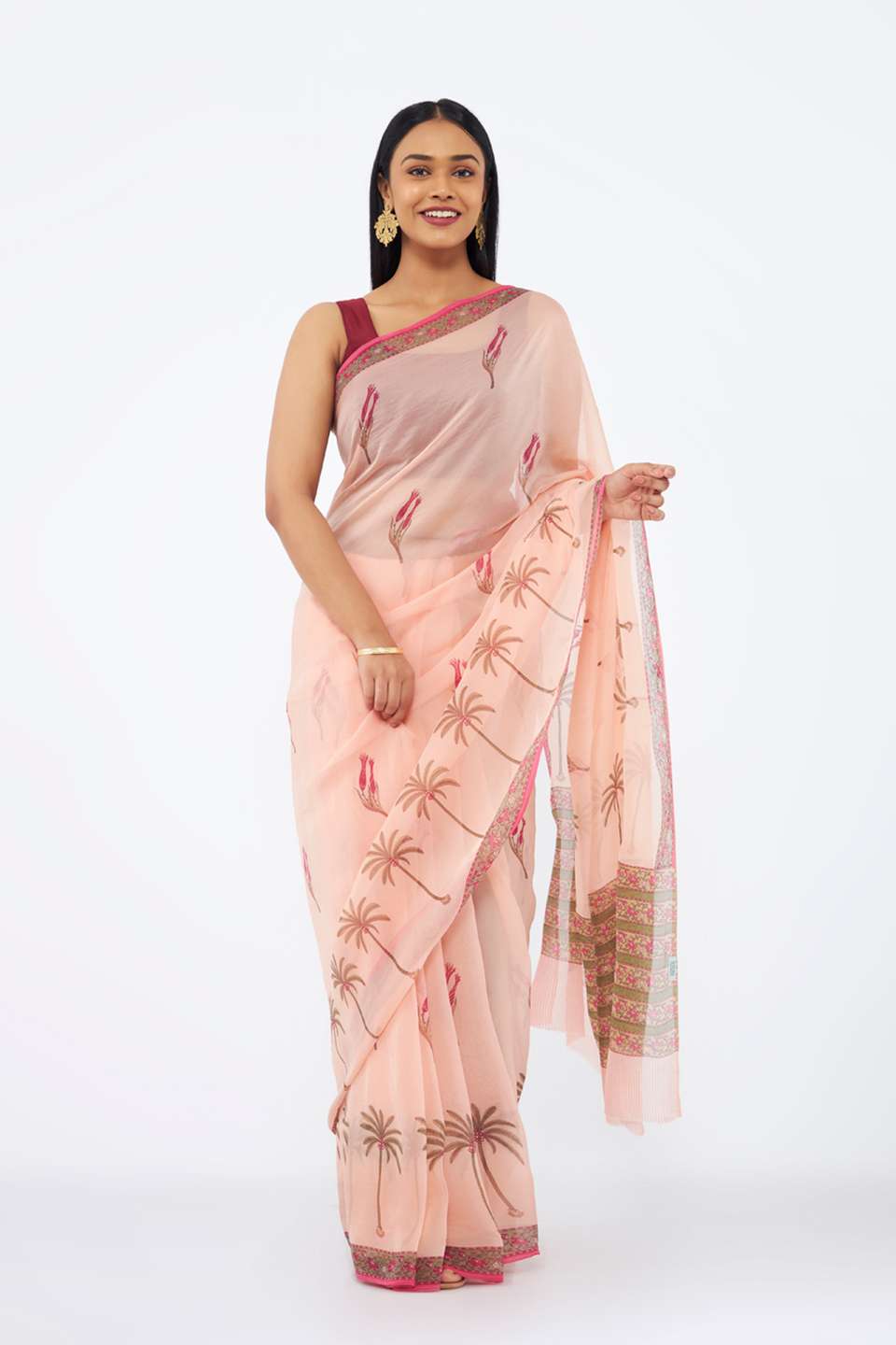 Pink Viscose Organza Printed Saree