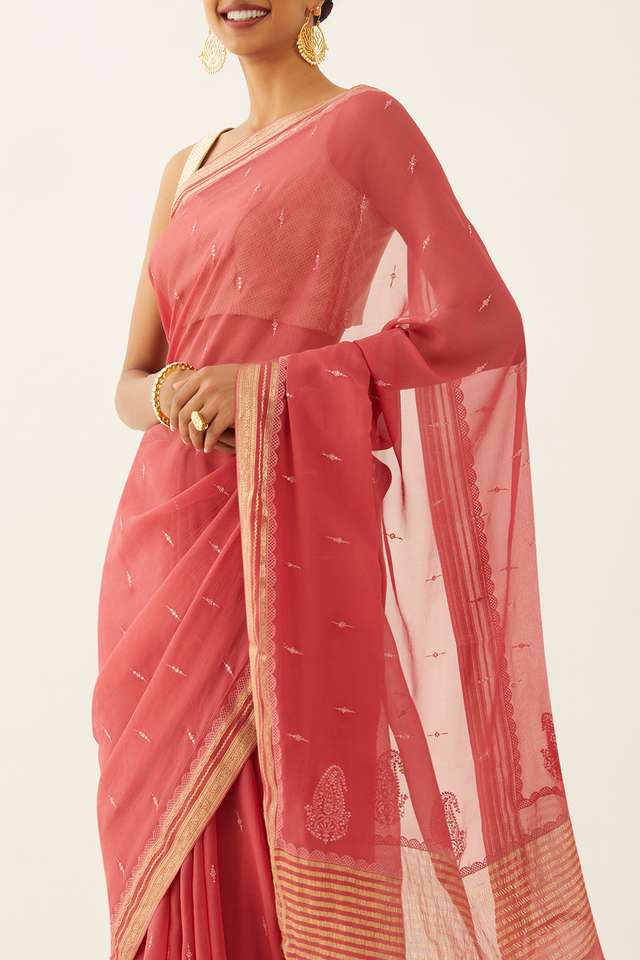 Light Red Pure Chiffon Embroidered Saree image number