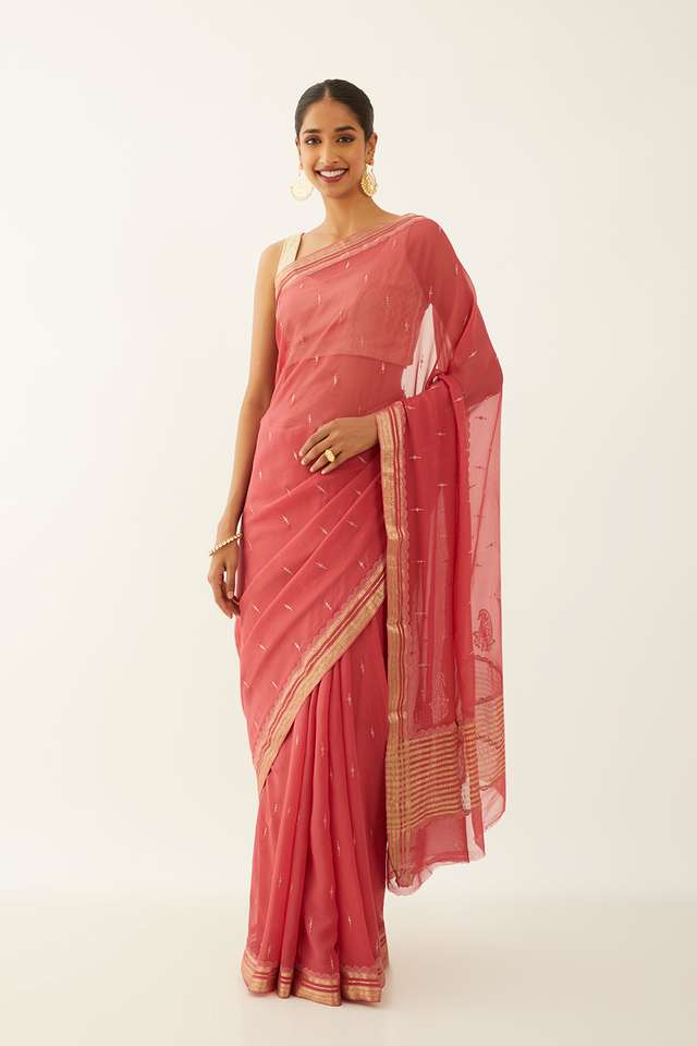 Light Red Pure Chiffon Embroidered Saree thumbnail image number null