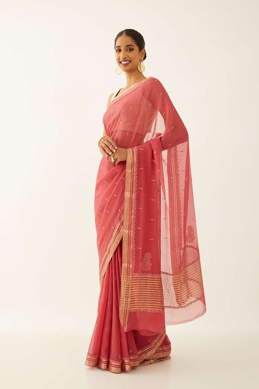 Light Red Pure Chiffon Embroidered Saree image number null