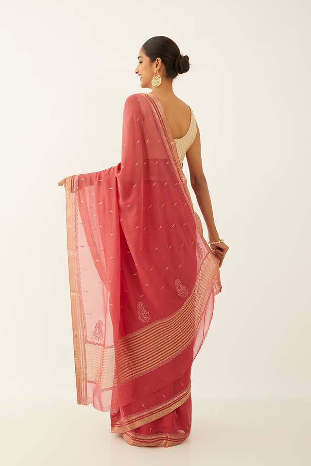 Light Red Pure Chiffon Embroidered Saree thumbnail image number null
