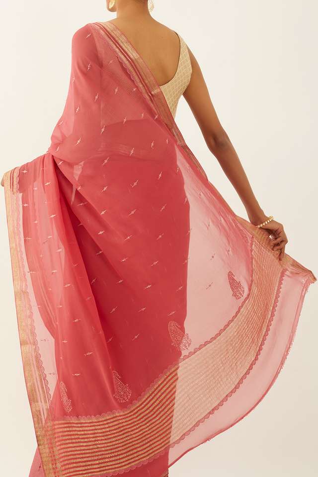 Light Red Pure Chiffon Embroidered Saree thumbnail image number null