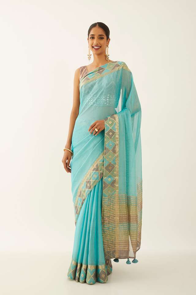 Blue Pure Georgette Tissue Woven Saree image number
