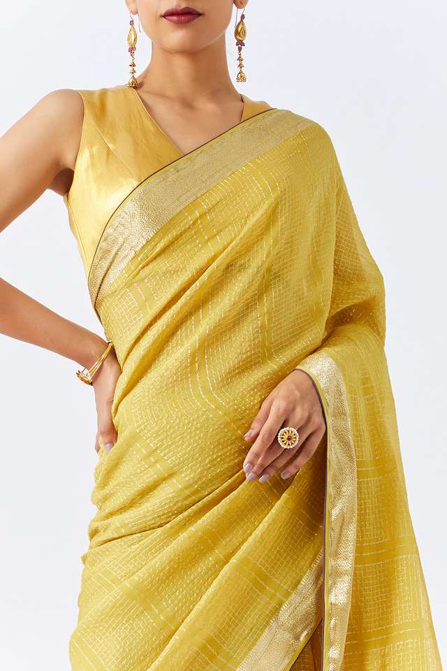 Dark Yellow Pure Georgette Woven Saree image number