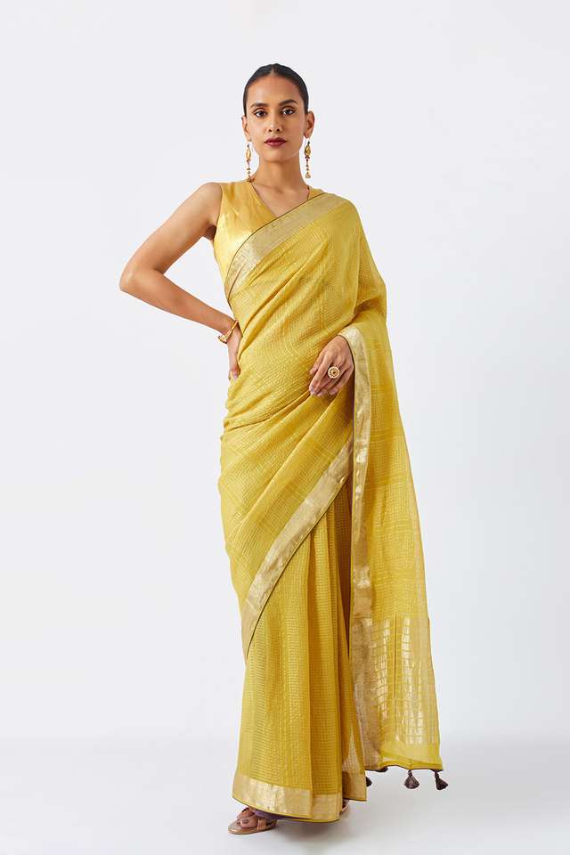 Dark Yellow Pure Georgette Woven Saree thumbnail image number null