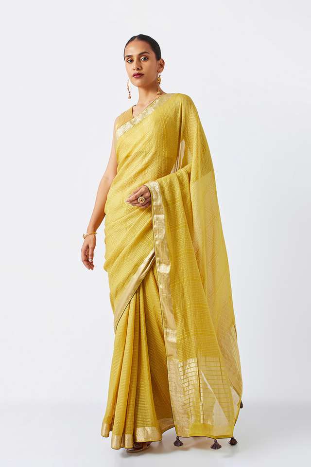 Dark Yellow Pure Georgette Woven Saree thumbnail image number null