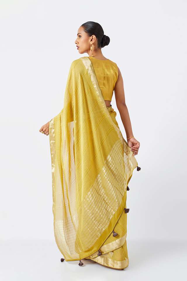 Dark Yellow Pure Georgette Woven Saree thumbnail image number null