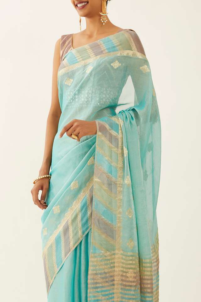 Blue Pure Georgette Tissue Woven Saree image number