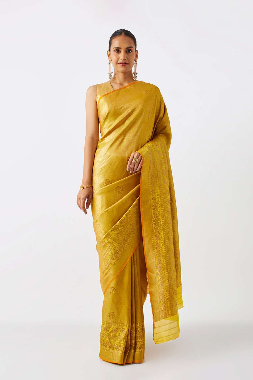 Yellow Pure Crepe Woven Saree