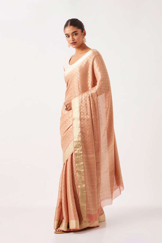 Light Orange Pure Georgette Woven Saree thumbnail image number null