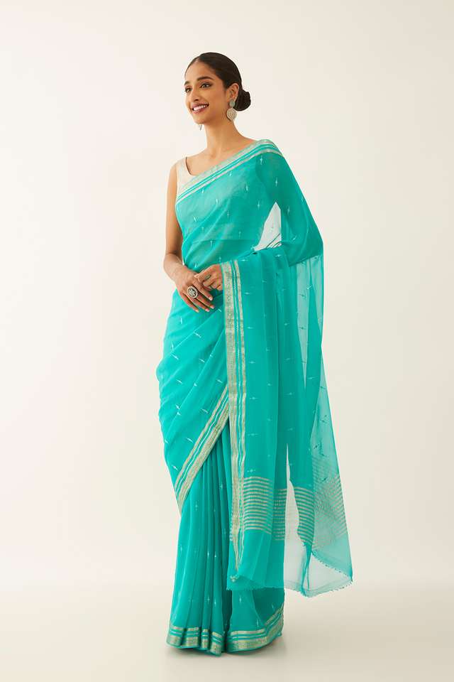 Blue Pure Chiffon Embroidered Saree image number