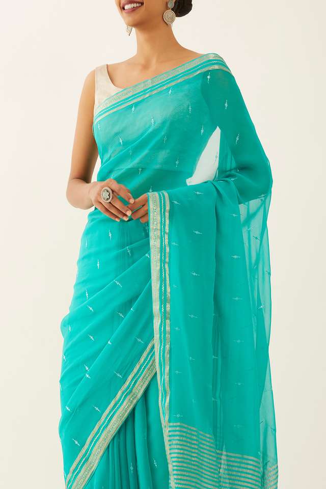 Blue Pure Chiffon Embroidered Saree thumbnail image number null