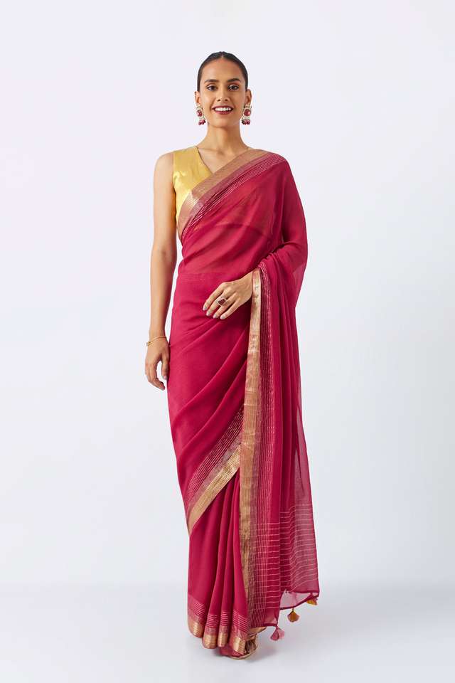 Dark Pink Pure Chiffon Woven Saree thumbnail image number null