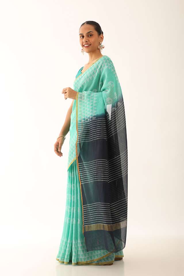 Blue Craft Pure Silk Kota Block Print Saree thumbnail image number null