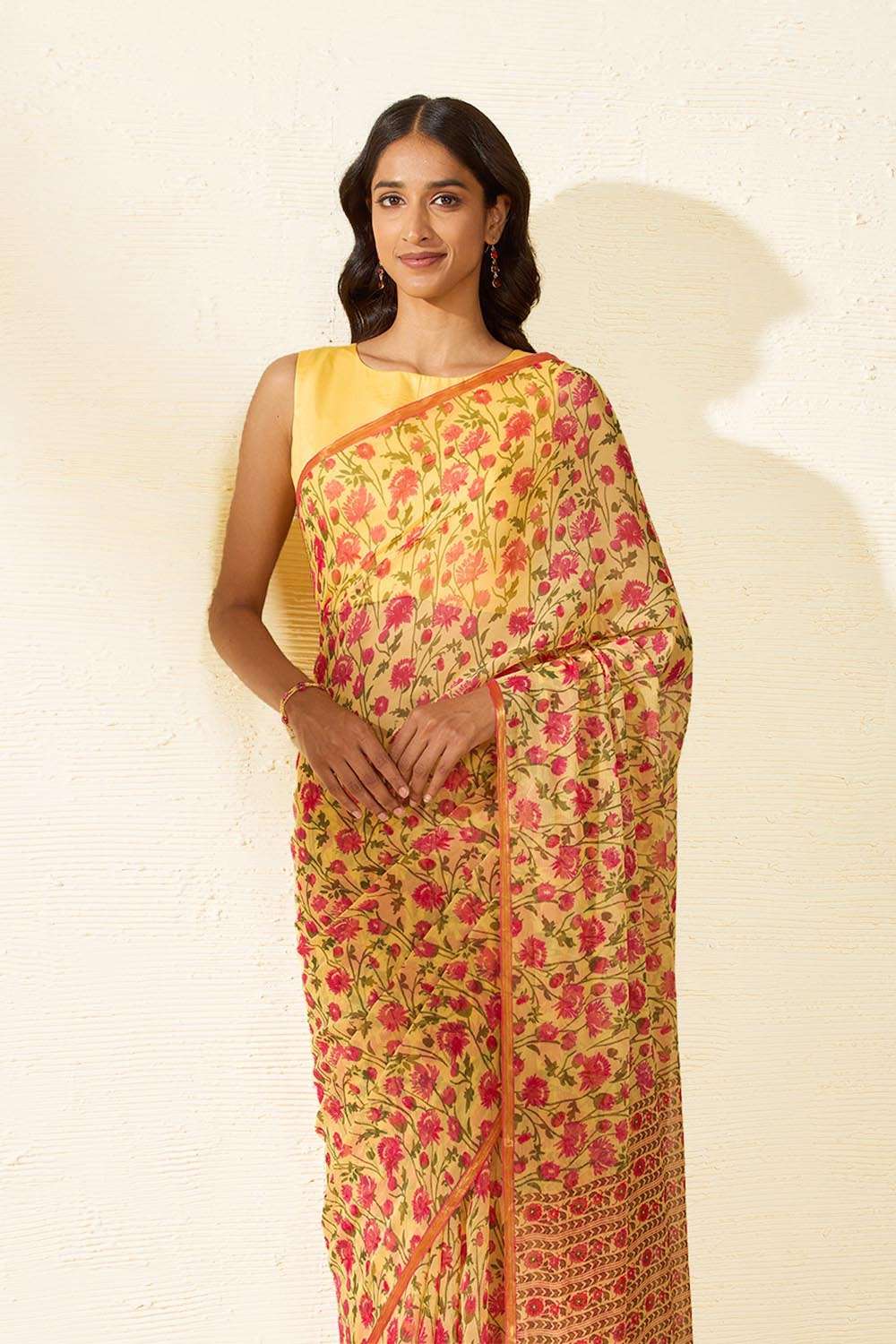 Yellow Screen Printed Viscose Chiffon Saree image number null