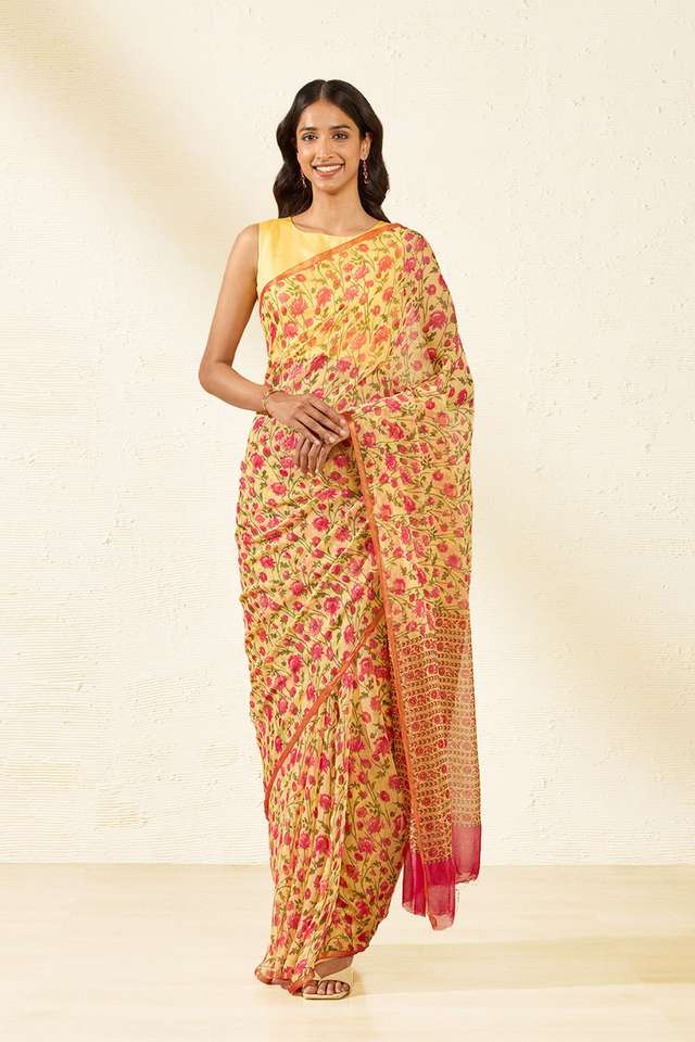 Yellow Screen Printed Viscose Chiffon Saree thumbnail image number null