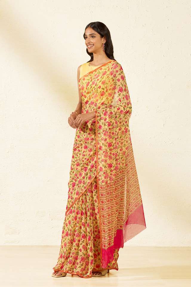 Yellow Screen Printed Viscose Chiffon Saree thumbnail image number null