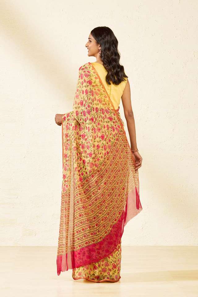 Yellow Screen Printed Viscose Chiffon Saree thumbnail image number null