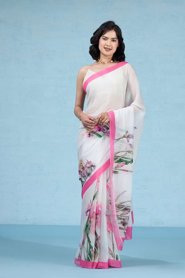 White Printed Viscose Crepe Saree image number