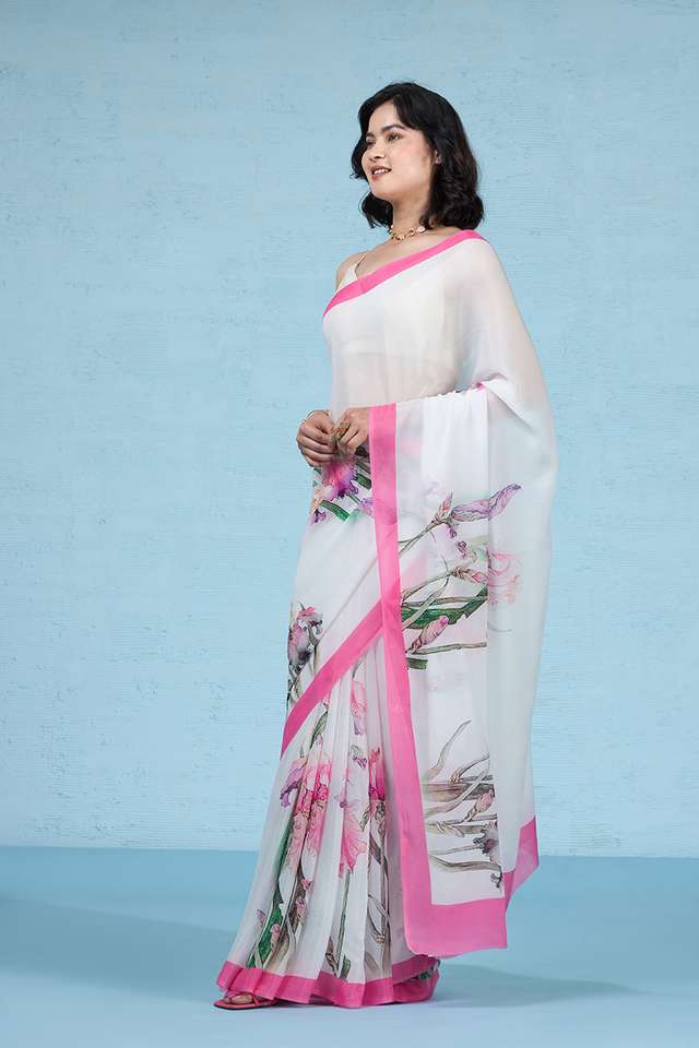 White Printed Viscose Crepe Saree thumbnail image number null