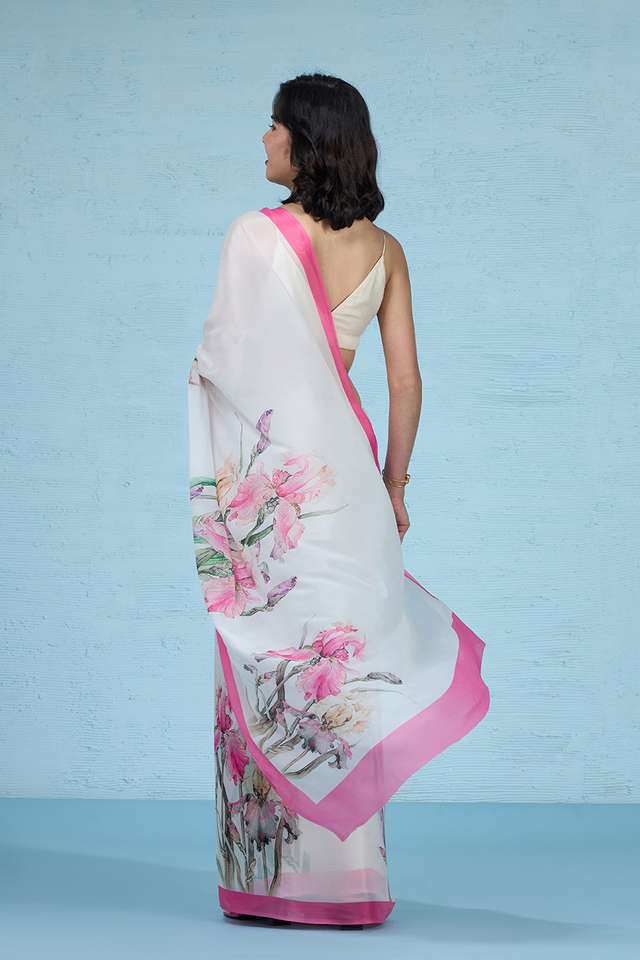 White Printed Viscose Crepe Saree thumbnail image number null