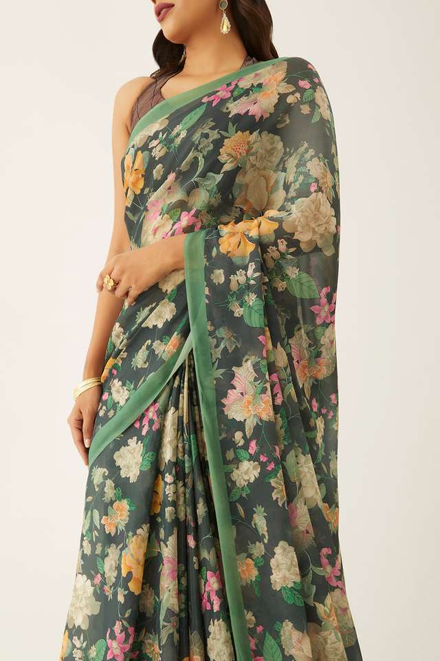 Dark Green Viscose Crepe Digital Print Saree image number