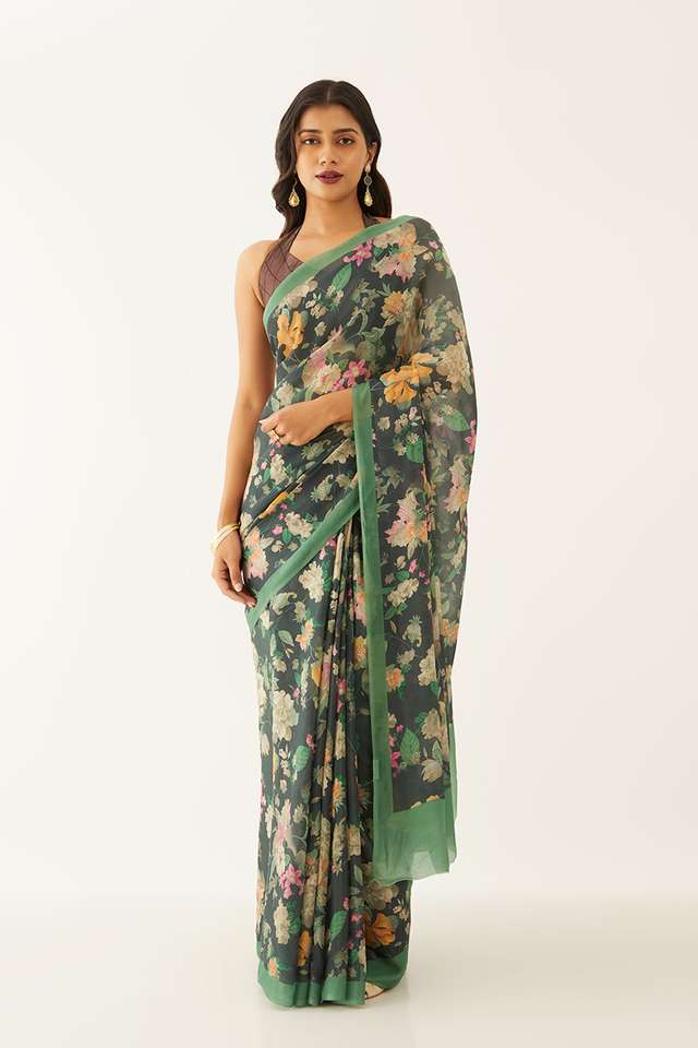 Dark Green Viscose Crepe Digital Print Saree thumbnail image number null