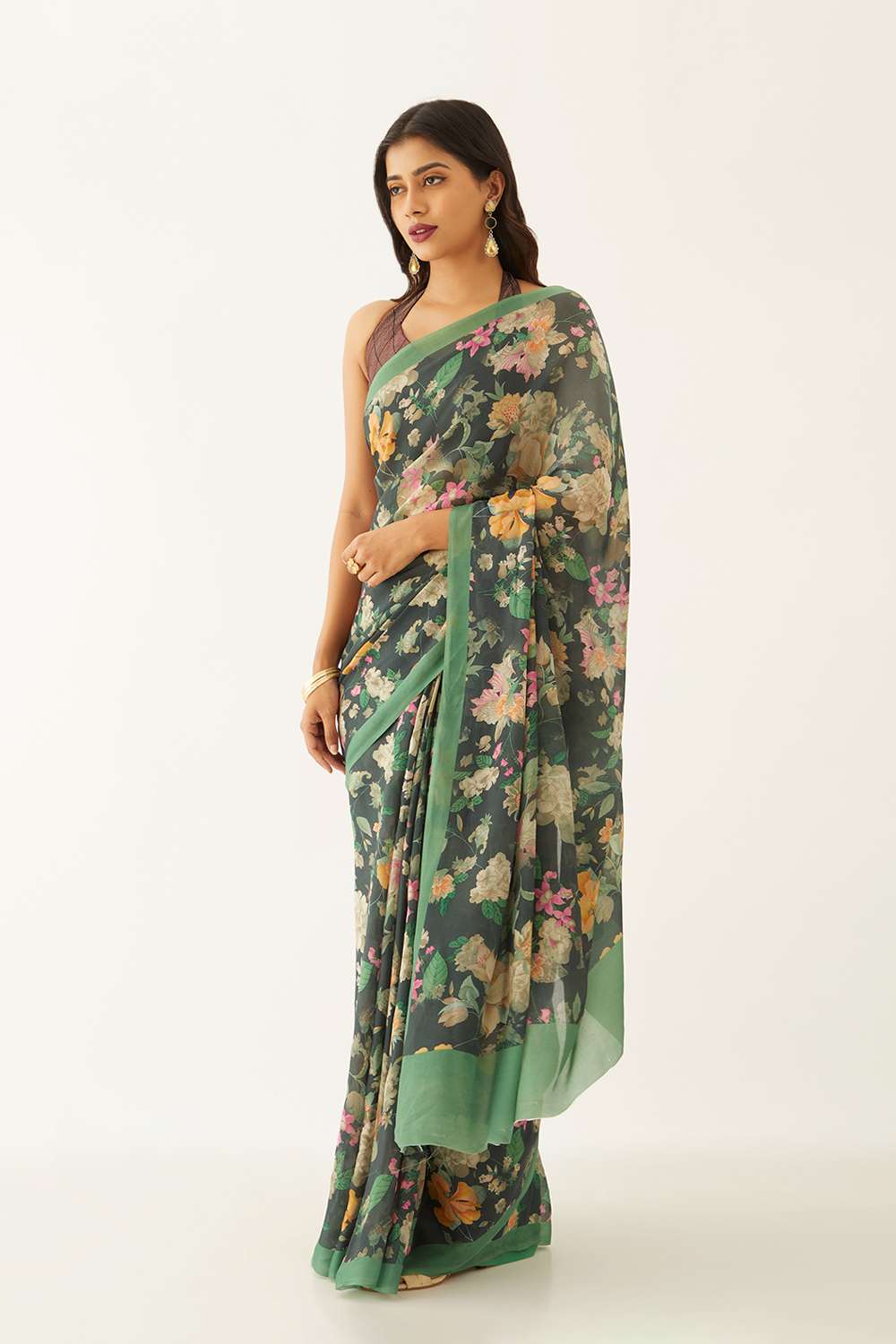 Dark Green Viscose Crepe Digital Print Saree image number null