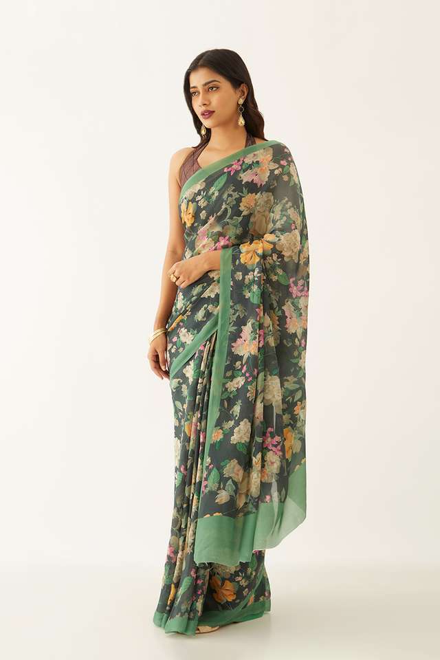 Dark Green Viscose Crepe Digital Print Saree thumbnail image number null