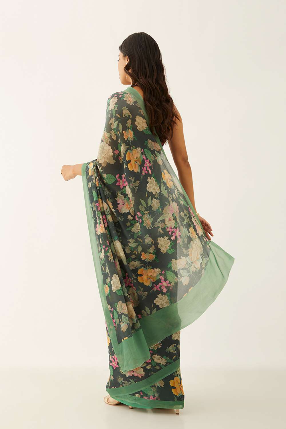Dark Green Viscose Crepe Digital Print Saree image number null