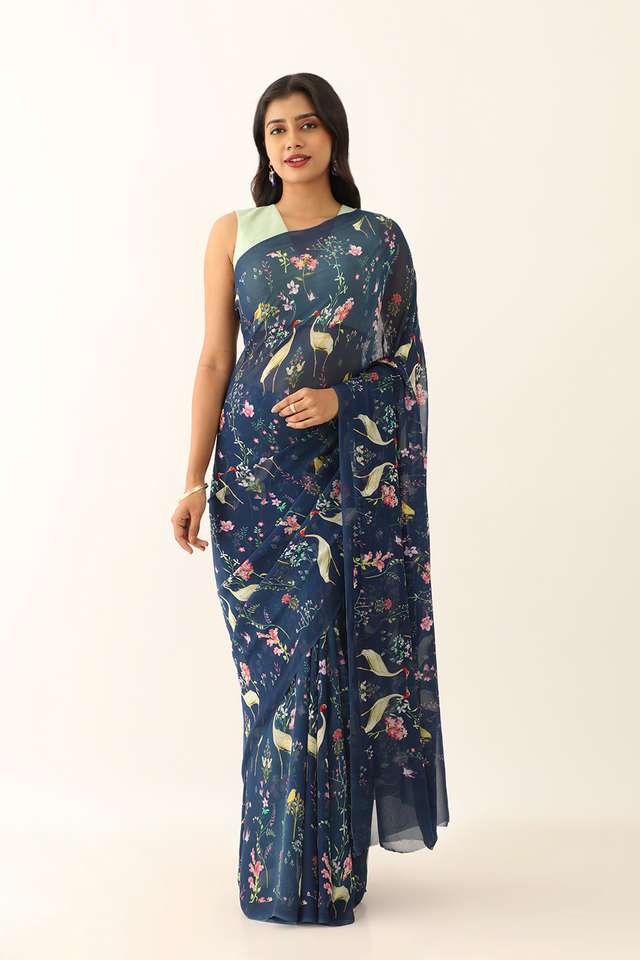 Blue Viscose Georgette Digital Print Saree thumbnail image number null