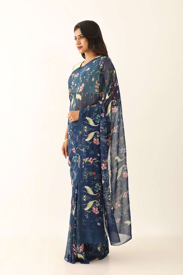 Blue Viscose Georgette Digital Print Saree thumbnail image number null